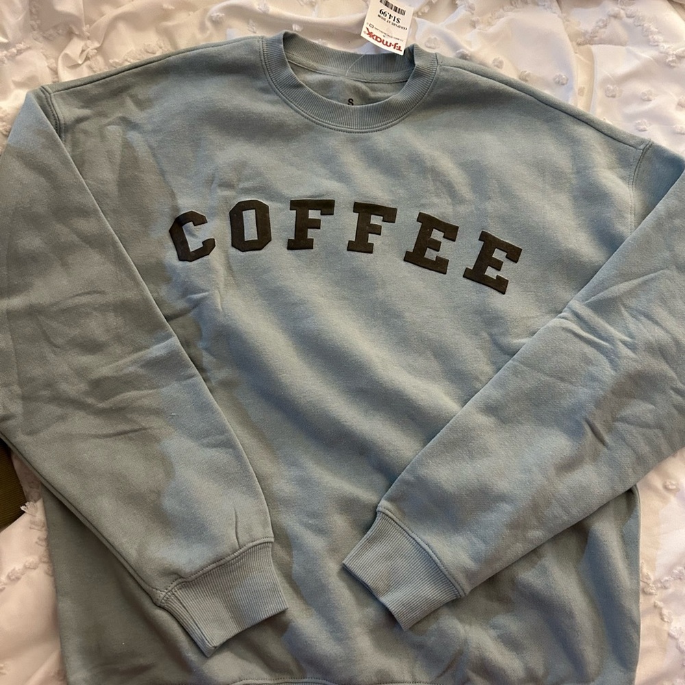 T.J.Maxx Blue Sweatshirt with Coffee Lettering